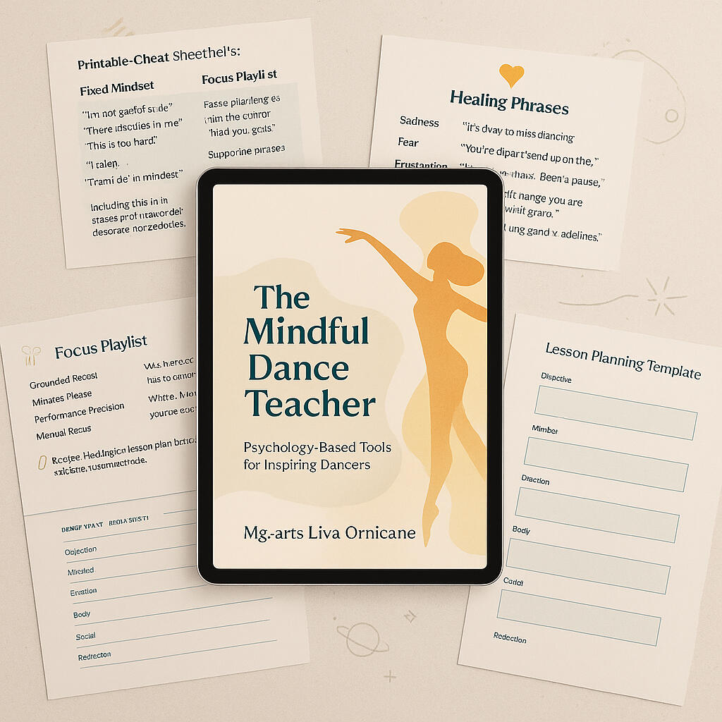The Mindful Dance Teacher - Teaching Tools and Resources Mockup showing 'The Mindful Dance Teacher' ebook alongside teaching tools, workbooks, and resources designed for dance educators.