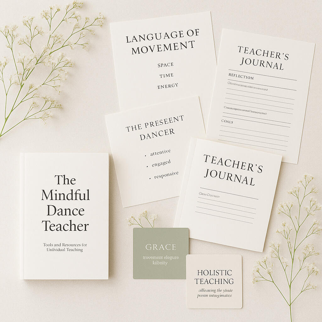 Complete Studio Bundle - Book and Resources for Dance Educators Mockup of the Complete Studio Bundle, featuring 'The Mindful Dance Teacher' ebook along with teaching tools, posters, and additional resources for dance educators.